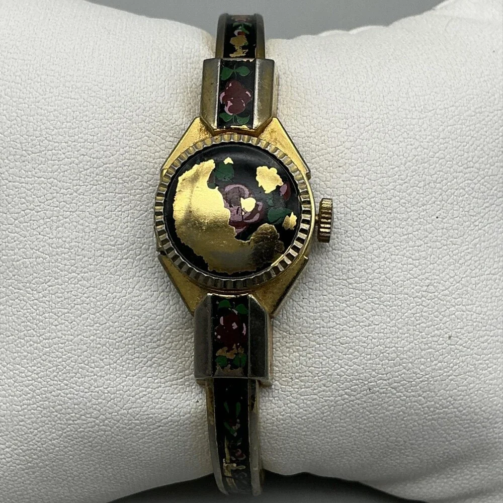Vintage Majestime Womens Watch 17mm Painted Floral Manual NON WORKING For Parts